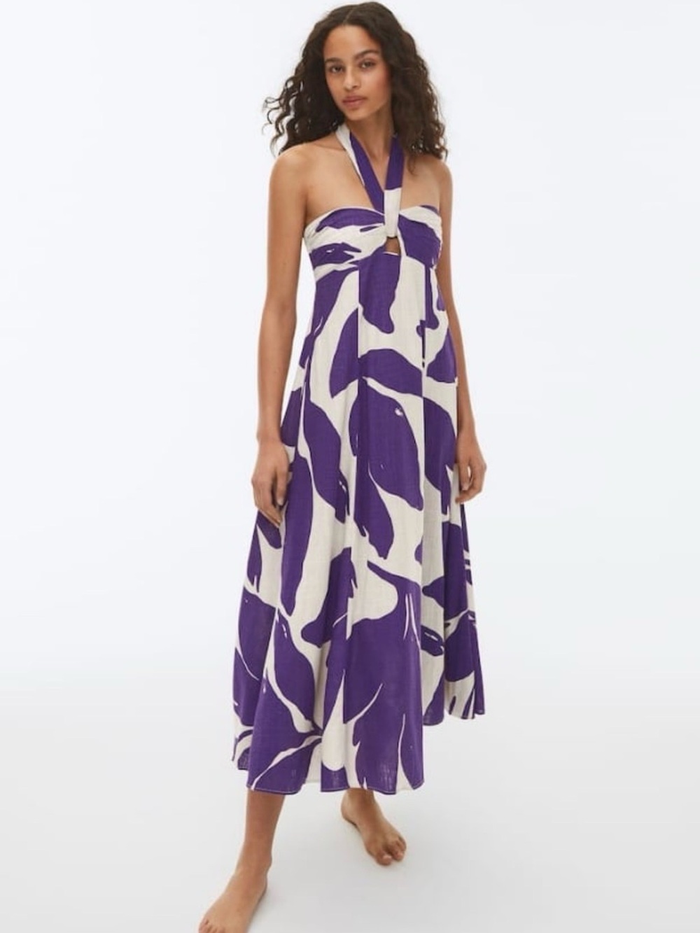 Oysho Halter Maxi Dress in Purple and Cream Floral Print